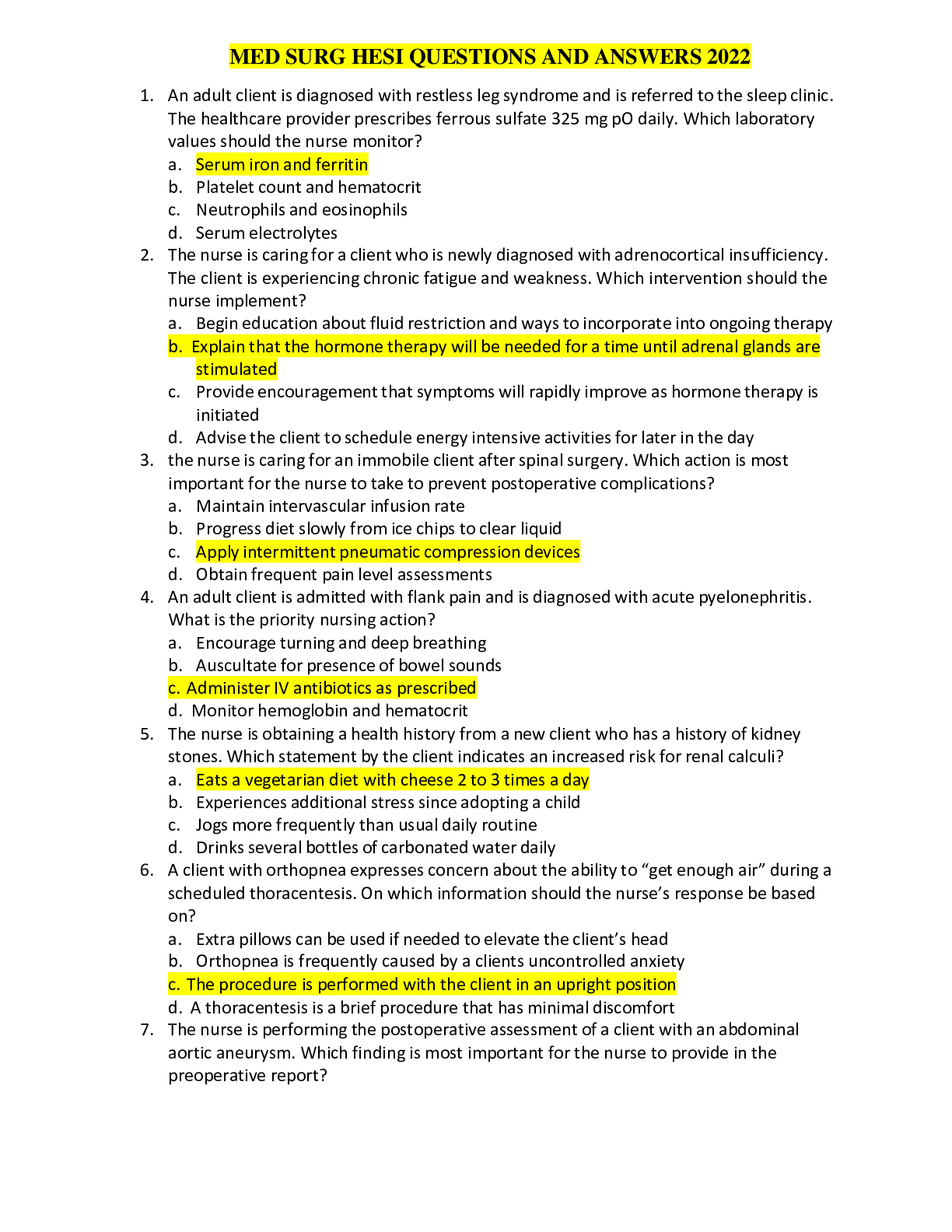 Preview image for MED SURG HESI QUESTIONS AND ANSWERS 2022